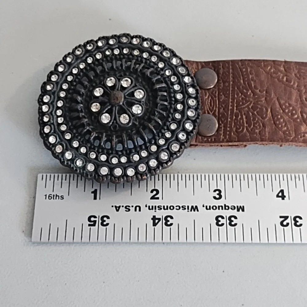 Brown Tooled Leather Belt with Coppery Metal Buckle With Rhinstones